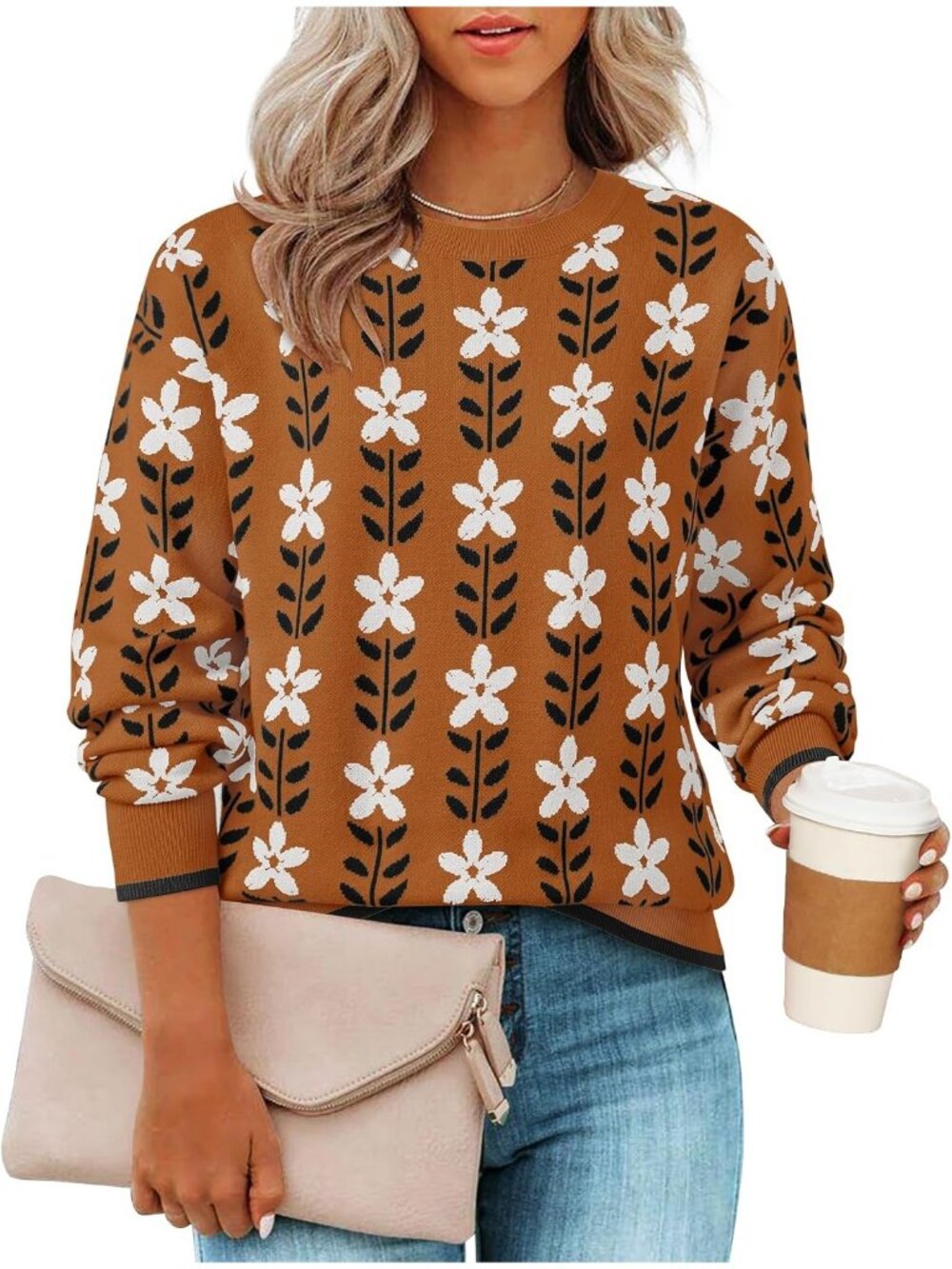 Women's Caramel Long Sleeve Crewneck Printed Knitted Oversized Pullover Sweaters